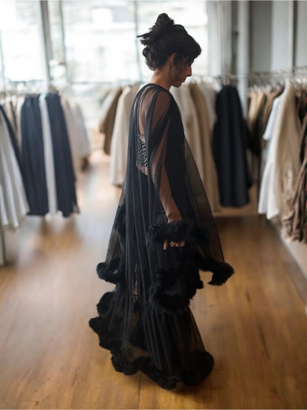 Roma Sheer Black Marabou-Trim Long Robe with Satin Tie - Picture 7 of 8